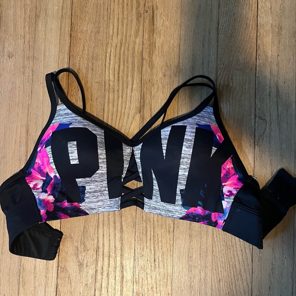 PINK Victoria's Secret Black and Pink Graphic Sports Bra